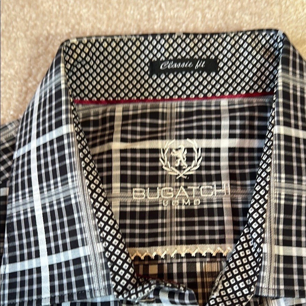 Bugatchi Uomo Mens Classic Fit Long Sleeve Button Down Shirt Black White Plaid L